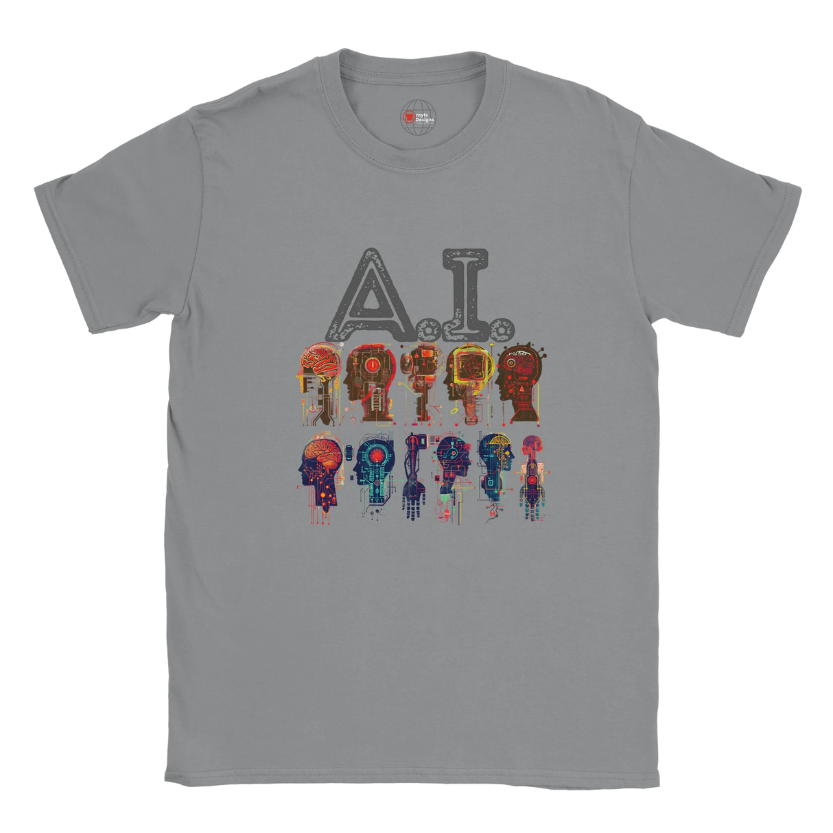 Gray t-shirt with colorful 'A.I. Drip' graphic design on a white background