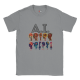 Gray t-shirt with colorful 'A.I. Drip' graphic design on a white background