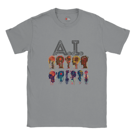 Gray t-shirt with colorful 'A.I. Drip' graphic design on a white background