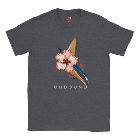 Dark Heather crew-neck T-shirt featuring the UNBOUND hibiscus flower graphic with soft pink petals and abstract accents.