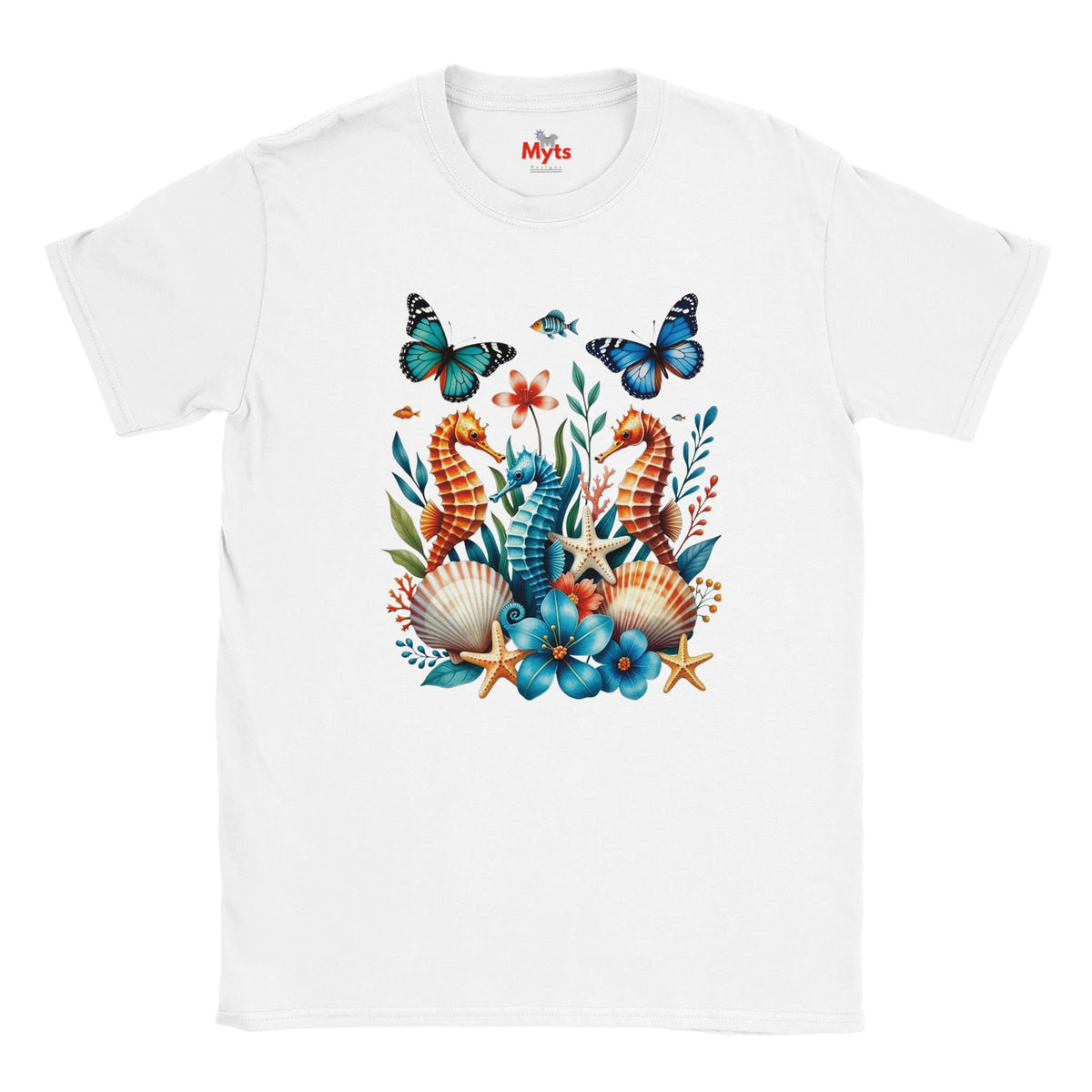 A white graphic T-shirt featuring three colourful seahorses, blue butterflies, tropical flowers, starfish and seashells in a vibrant ocean wildlife design.