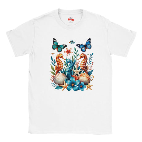 A white graphic T-shirt featuring three colourful seahorses, blue butterflies, tropical flowers, starfish and seashells in a vibrant ocean wildlife design.