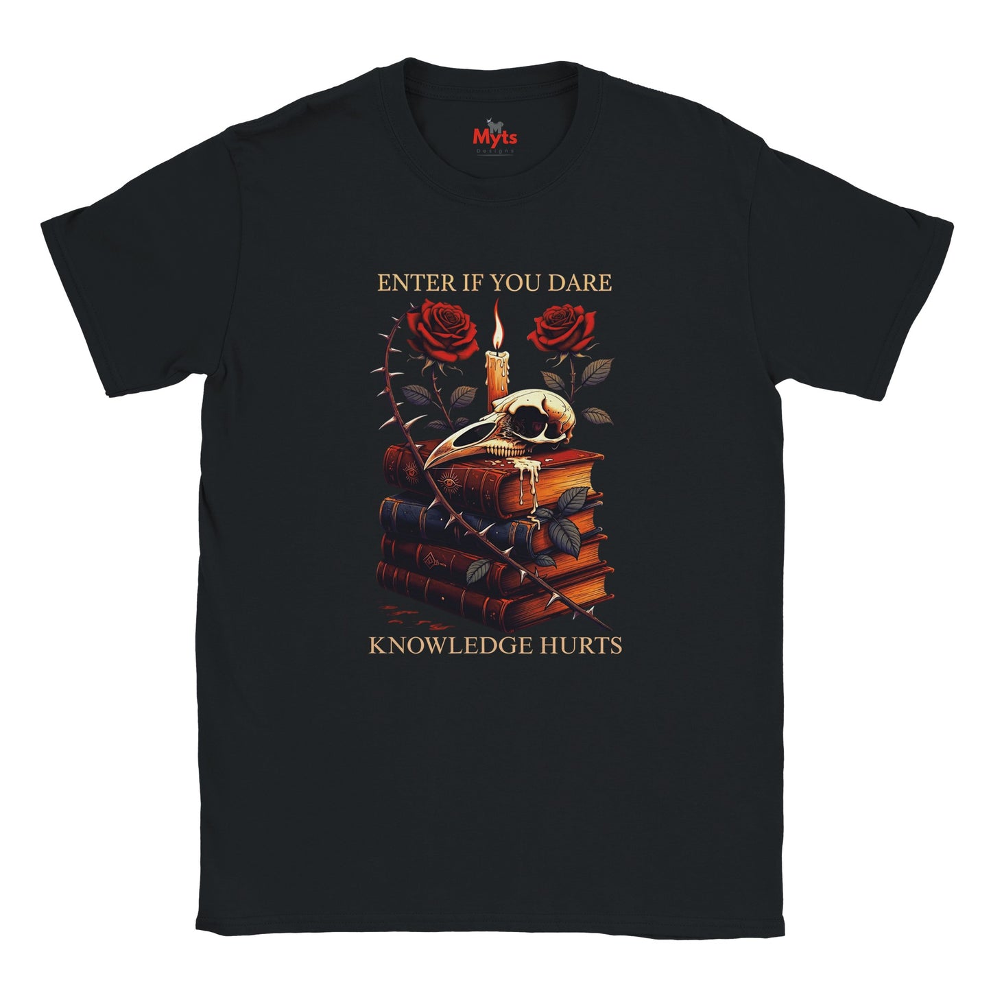 Black t-shirt with a graphic design featuring roses, a skull, and books on a white background.