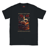 Black t-shirt with a graphic design featuring roses, a skull, and books on a white background.