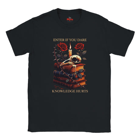 Black t-shirt with a graphic design featuring roses, a skull, and books on a white background.
