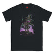 Black t-shirt with a graphic of a witch character on a white background