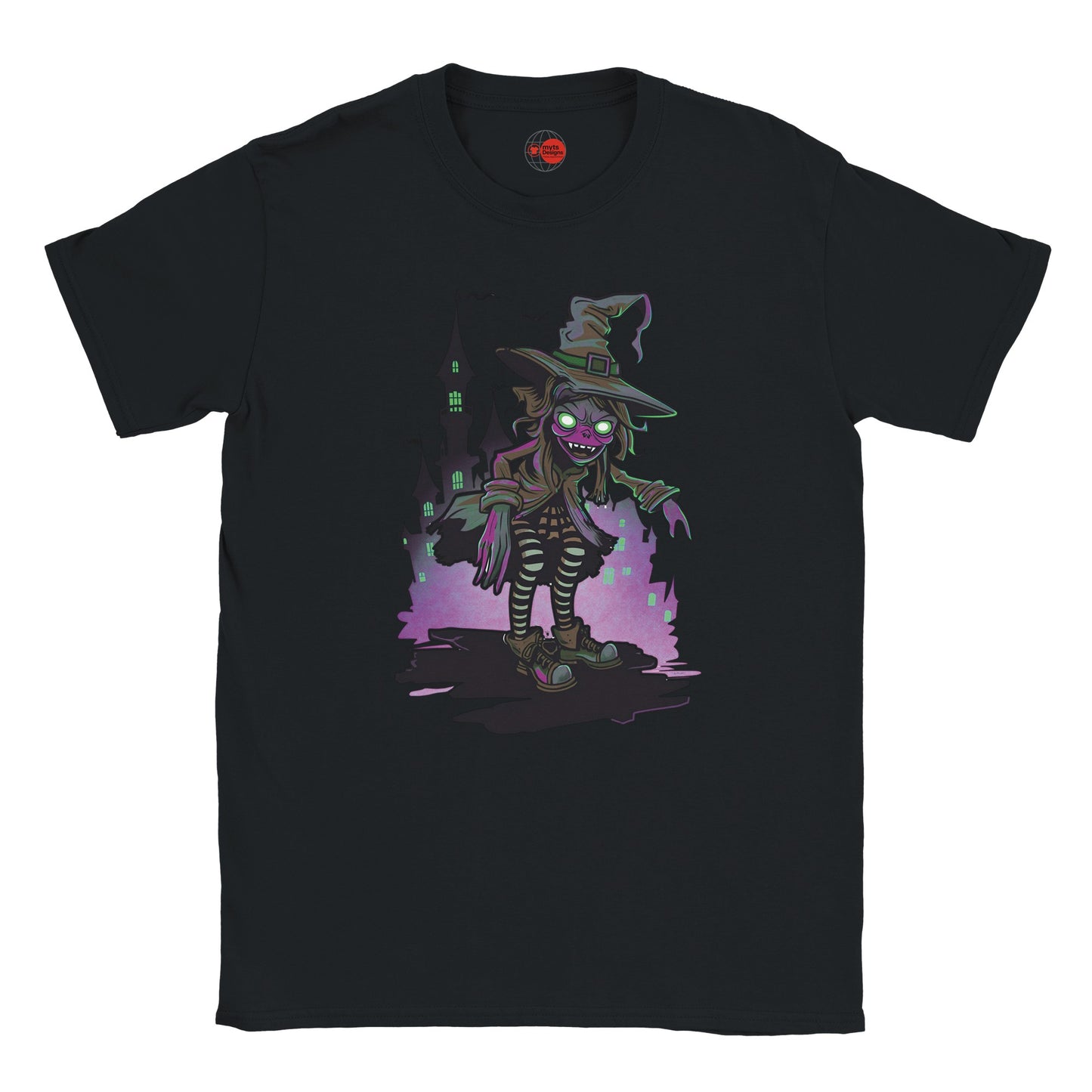 Black t-shirt with a graphic of a witch character on a white background