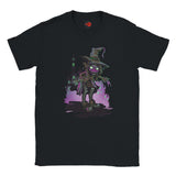 Black t-shirt with a graphic of a witch character on a white background