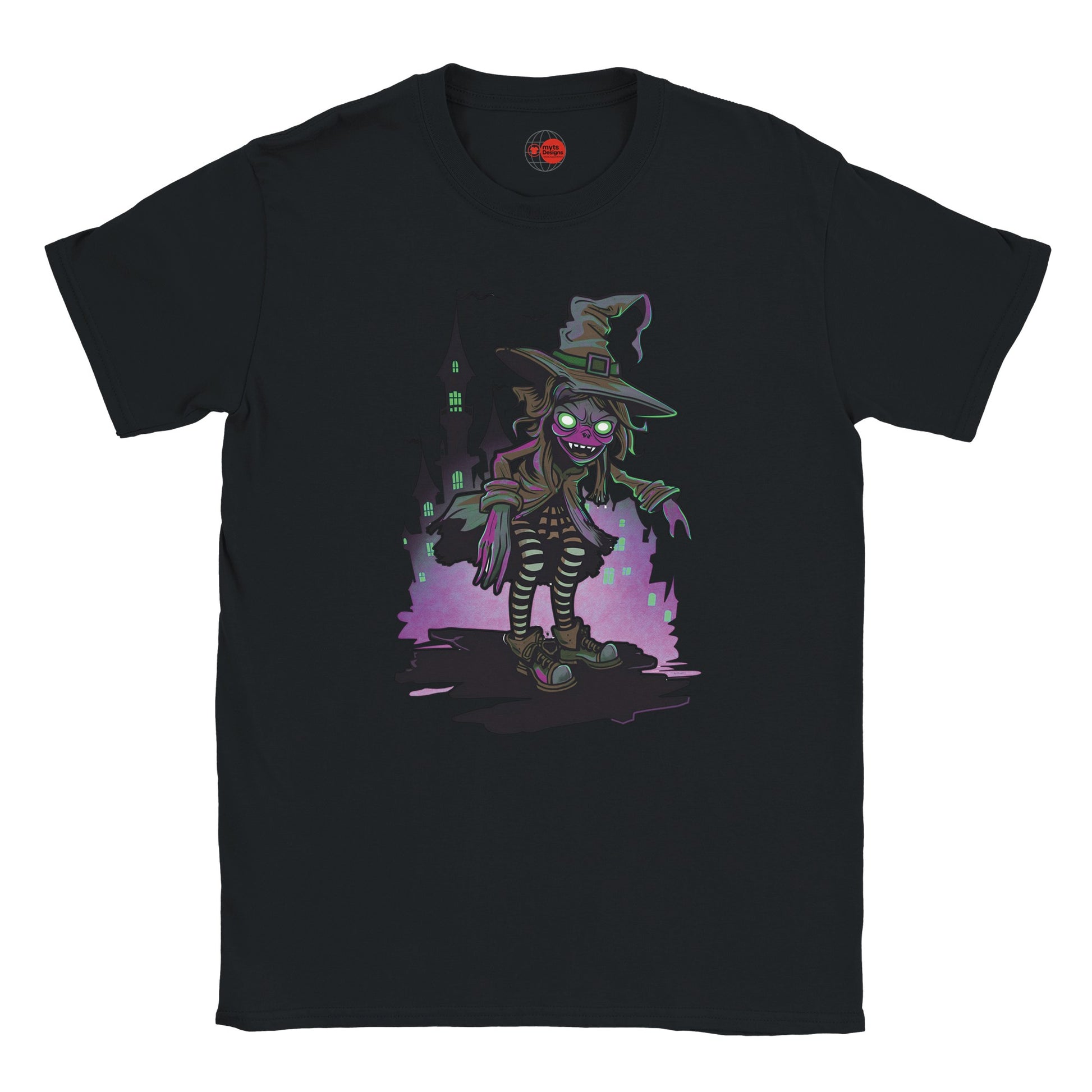 Black t-shirt with a graphic of a witch character on a white background