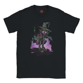 Black t-shirt with a graphic of a witch character on a white background
