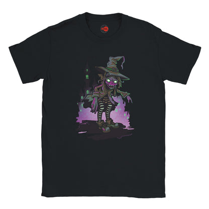 Black t-shirt with a graphic of a witch character on a white background