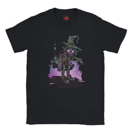 Black t-shirt with a graphic of a witch character on a white background
