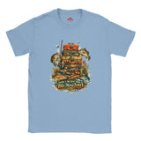Light blue t-shirt with fishing-themed graphic and text on a white background