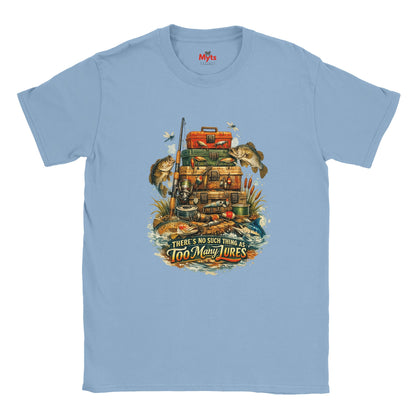 Light blue t-shirt with fishing-themed graphic and text on a white background