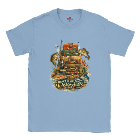 Light blue t-shirt with fishing-themed graphic and text on a white background