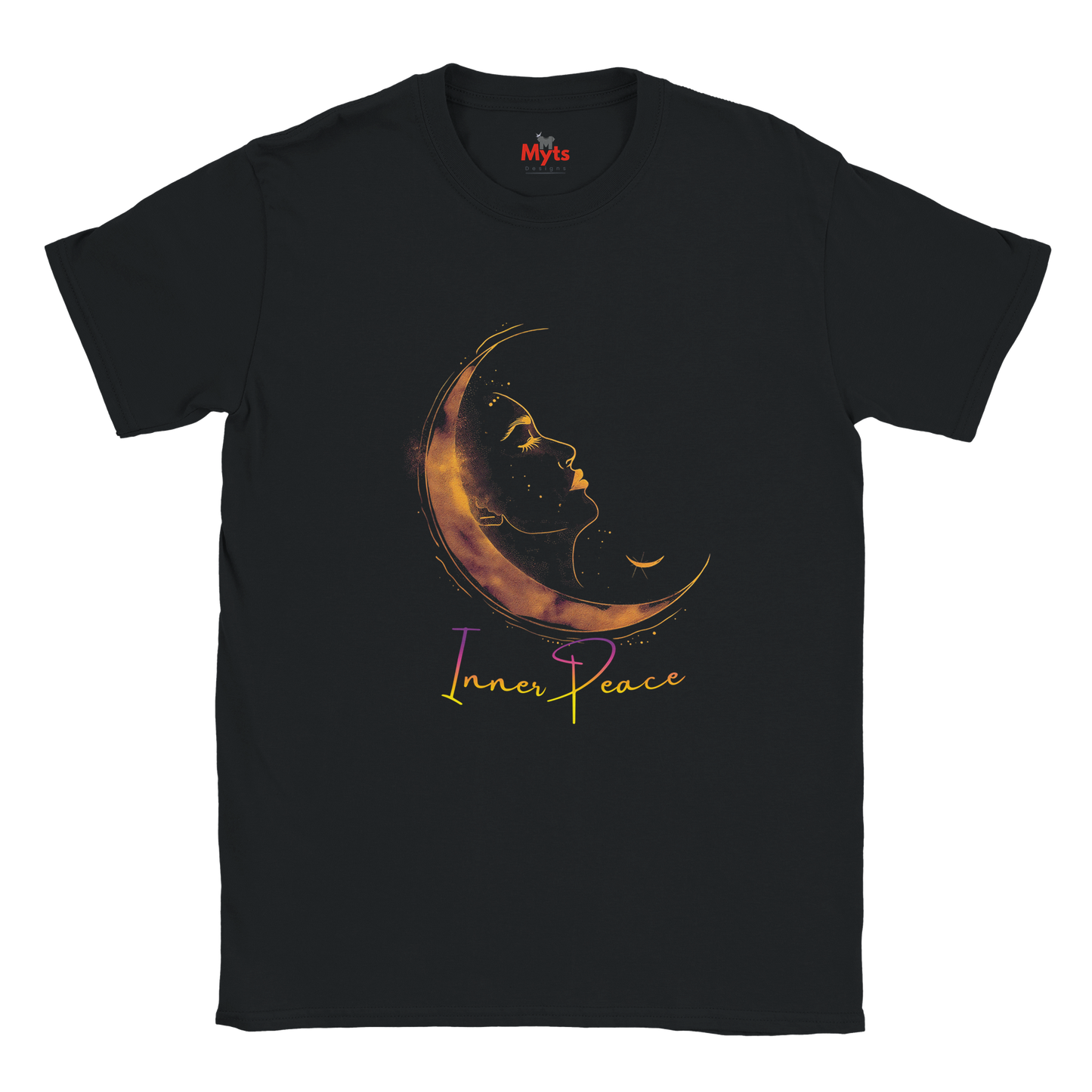 Black t-shirt with a crescent moon and face design and 'Inner Peace' text on a white background