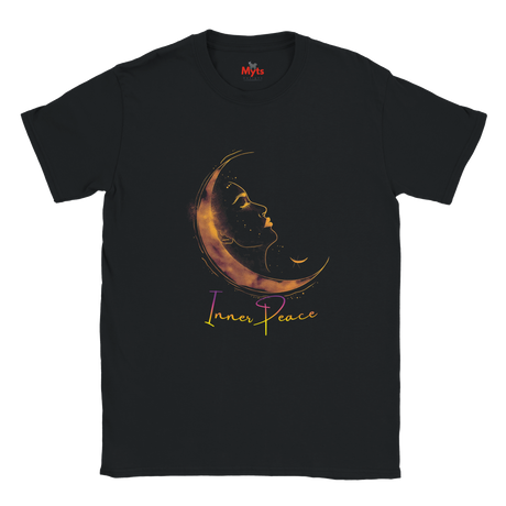 Black t-shirt with a crescent moon and face design and 'Inner Peace' text on a white background