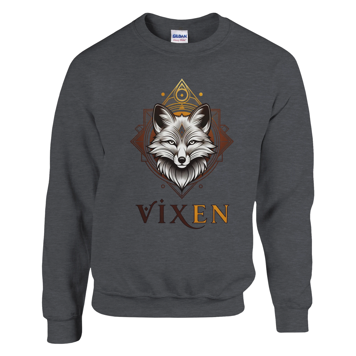 Dark gray sweatshirt with a fox graphic and 'Vixen' text on a white background