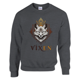 Dark gray sweatshirt with a fox graphic and 'Vixen' text on a white background
