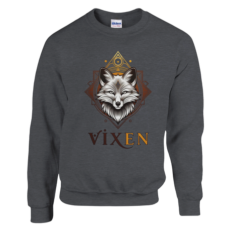 Dark gray sweatshirt with a fox graphic and 'Vixen' text on a white background