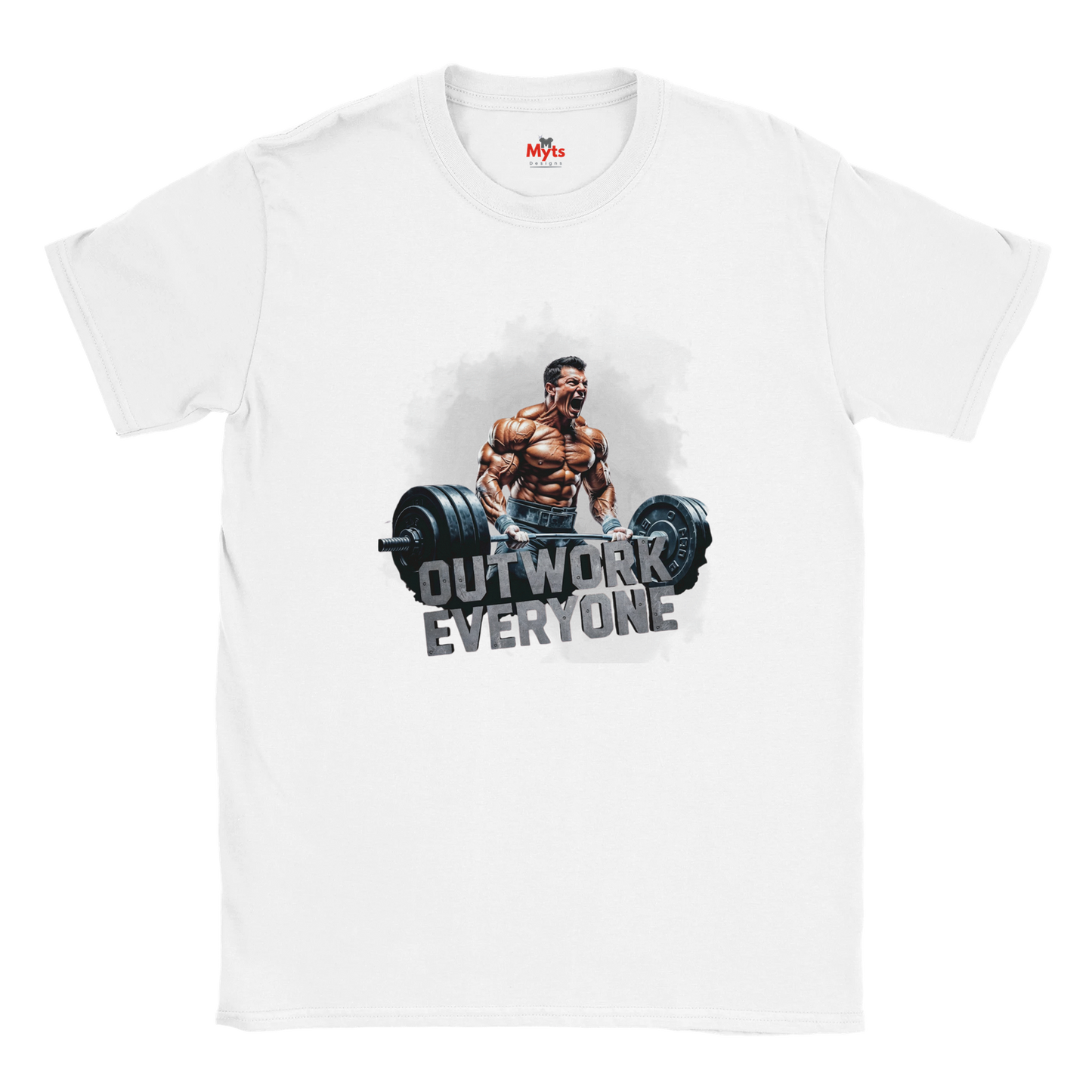White t-shirt with a graphic of a muscular man lifting weights and text 'OUTWORK EVERYONE' on a white background.