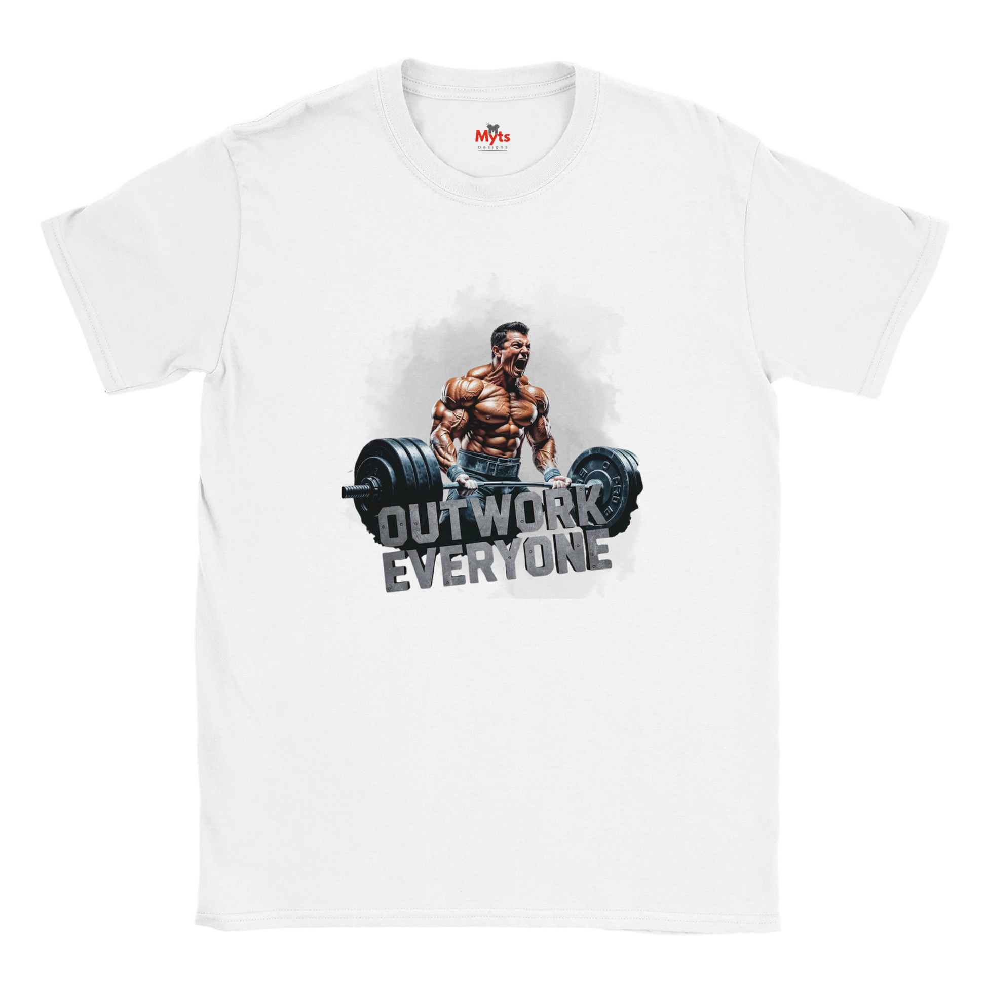 White t-shirt with a graphic of a muscular man lifting weights and text 'OUTWORK EVERYONE' on a white background.