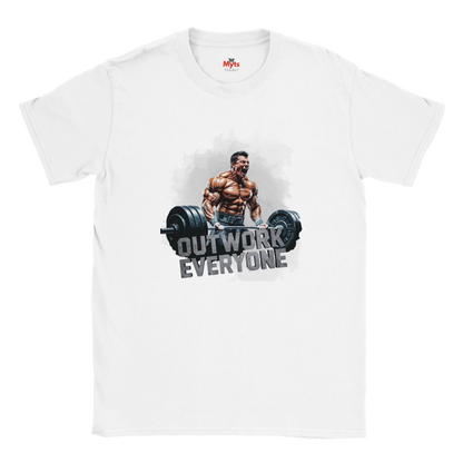 White t-shirt with a graphic of a muscular man lifting weights and text 'OUTWORK EVERYONE' on a white background.