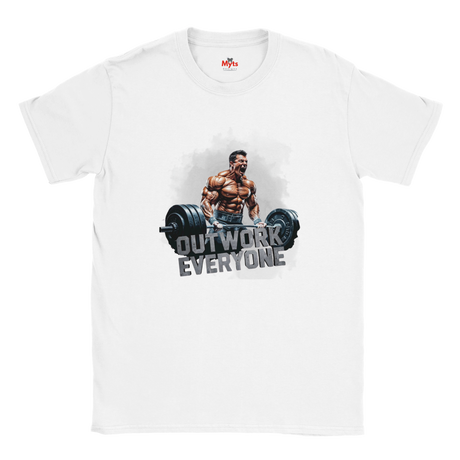 White t-shirt with a graphic of a muscular man lifting weights and text 'OUTWORK EVERYONE' on a white background.