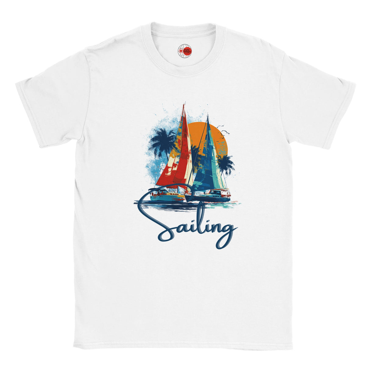 White t-shirt with sailboat graphic and 'Sailing' text on a white background