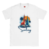 White t-shirt with sailboat graphic and 'Sailing' text on a white background