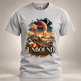 An Ice Grey ghost-bodied T-shirt with surreal space and floral design with the words in bold "Unbound" and in a script style below "Somewhere Beyond"