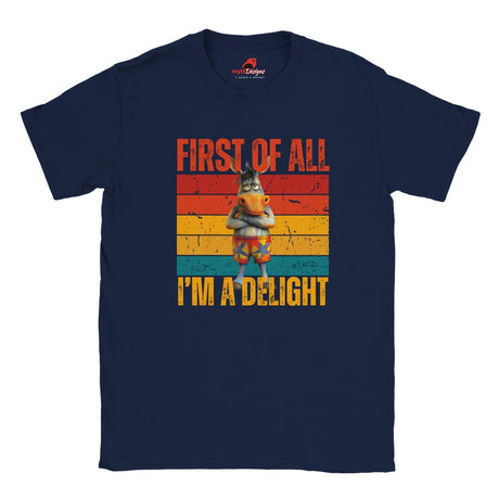 Casual navy tee displaying a retro-style donkey illustration with bold “First of All, I’m a Delight” vintage text, on a white background