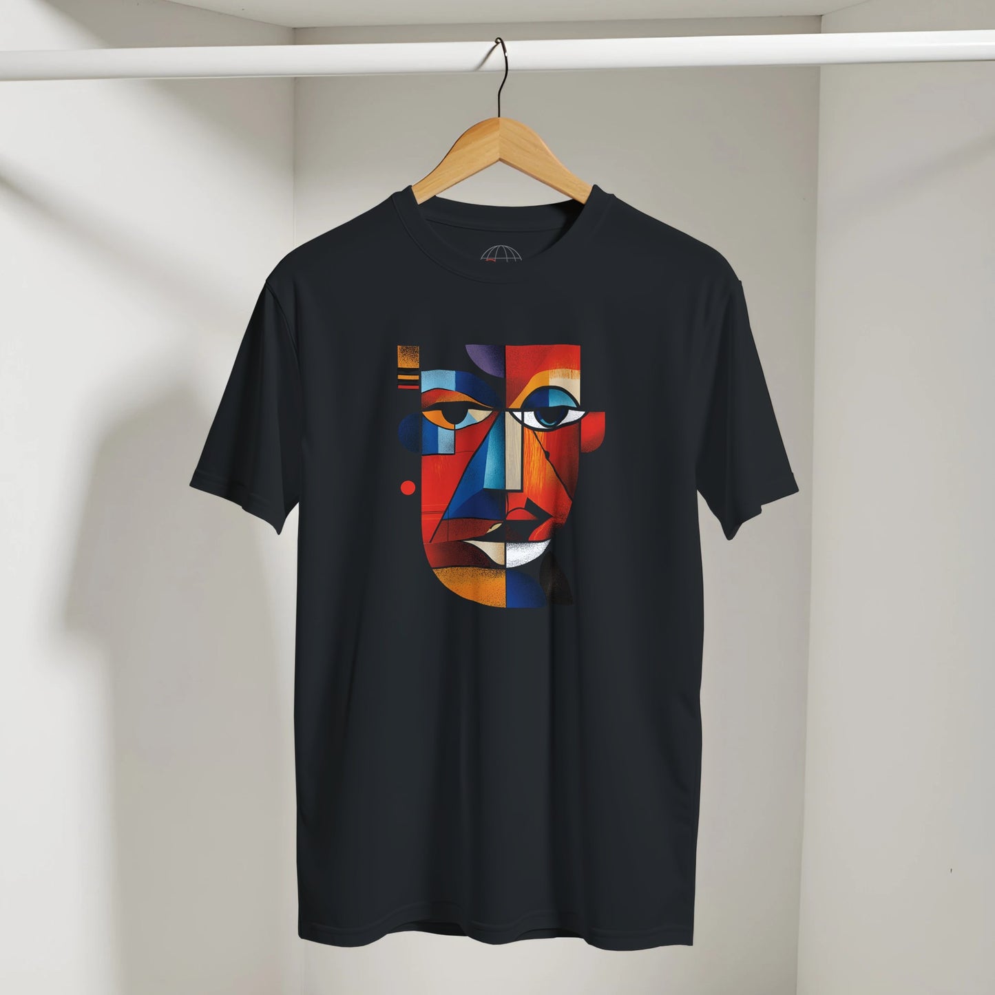 Black t-shirt with a colorful abstract face design on a hanger against a neutral background