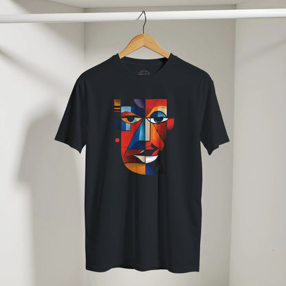 Black t-shirt with a colorful abstract face design on a hanger against a neutral background