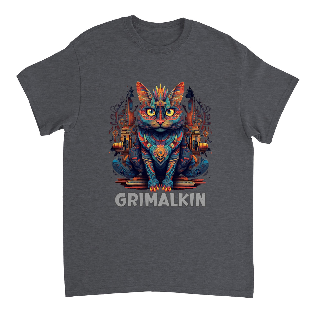A gray t-shirt featuring a colorful illustration of a cat with a fantasy-themed background, and the word 'GRIMMALKIN' printed on the front.
