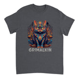 A gray t-shirt featuring a colorful illustration of a cat with a fantasy-themed background, and the word 'GRIMMALKIN' printed on the front.
