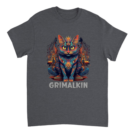 A gray t-shirt featuring a colorful illustration of a cat with a fantasy-themed background, and the word 'GRIMMALKIN' printed on the front.