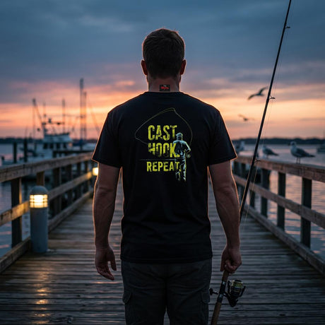 Man on a dock at sunset with 'Cast Hook Repeat' t-shirt