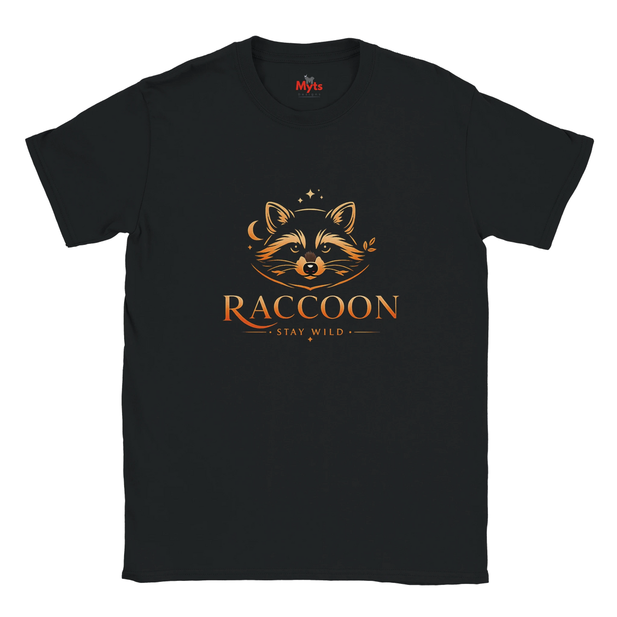 A black short-sleeve crewneck t-shirt featuring a stylized raccoon graphic in orange and brown tones above the word 'RACCOON' and the phrase 'STAY WILD' in a thin serif font.