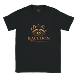 A black short-sleeve crewneck t-shirt featuring a stylized raccoon graphic in orange and brown tones above the word 'RACCOON' and the phrase 'STAY WILD' in a thin serif font.