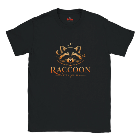 A black short-sleeve crewneck t-shirt featuring a stylized raccoon graphic in orange and brown tones above the word 'RACCOON' and the phrase 'STAY WILD' in a thin serif font.