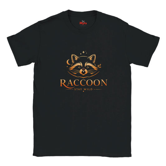 A black short-sleeve crewneck t-shirt featuring a stylized raccoon graphic in orange and brown tones above the word 'RACCOON' and the phrase 'STAY WILD' in a thin serif font.