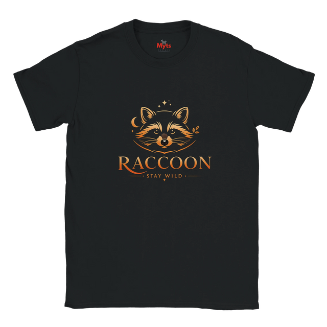 A black short-sleeve crewneck t-shirt featuring a stylized raccoon graphic in orange and brown tones above the word 'RACCOON' and the phrase 'STAY WILD' in a thin serif font.