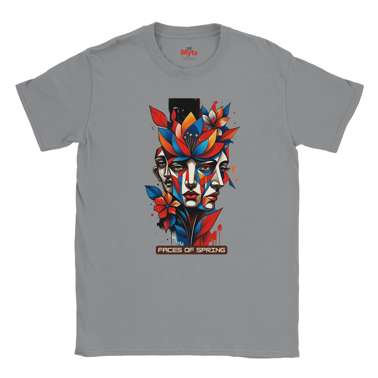 Sports Grey Faces of Spring T-shirt featuring colourful abstract geometric faces surrounded by red, blue and yellow flowers, leaves and expressive paint details.