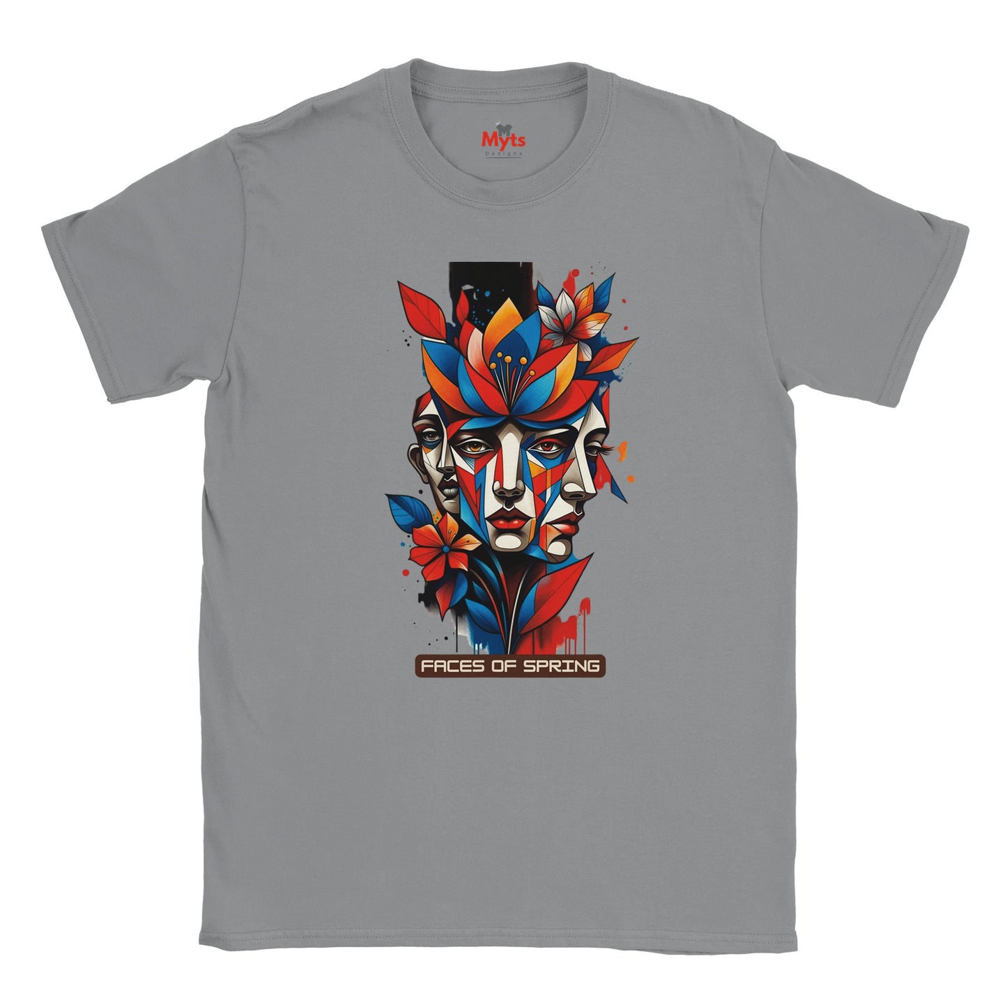 Sports Grey Faces of Spring T-shirt featuring colourful abstract geometric faces surrounded by red, blue and yellow flowers, leaves and expressive paint details.