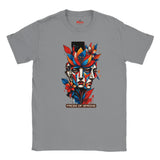 Sports Grey Faces of Spring T-shirt featuring colourful abstract geometric faces surrounded by red, blue and yellow flowers, leaves and expressive paint details.