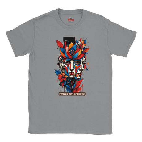 Sports Grey Faces of Spring T-shirt featuring colourful abstract geometric faces surrounded by red, blue and yellow flowers, leaves and expressive paint details.