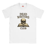 White t-shirt with 'Dead Writers Club' design featuring a skull and open book on a white background.