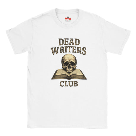 White t-shirt with 'Dead Writers Club' design featuring a skull and open book on a white background.
