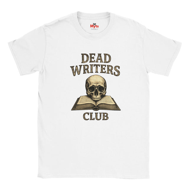 White t-shirt with 'Dead Writers Club' design featuring a skull and open book on a white background.